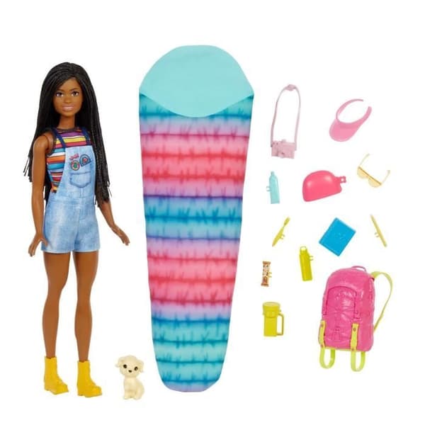 Barbie - Barbie Brooklyn Camping med valpminifigur, ryggsäck, sovsäck och tillbehör - HDF74 docka