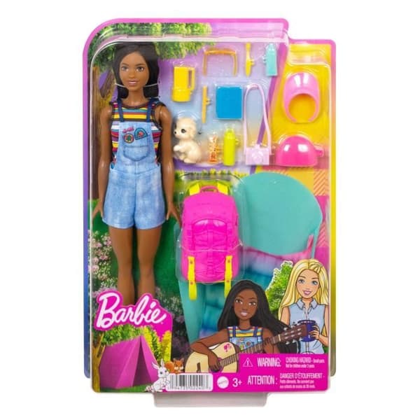 Barbie - Barbie Brooklyn Camping med valpminifigur, ryggsäck, sovsäck och tillbehör - HDF74 docka