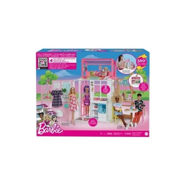 Barbie möblerat dockskåpsset, 360 grader, 2 nivåer och 4 lekytor, valp och tillbehör ingår, åldrarna 3 till 7, HCD47