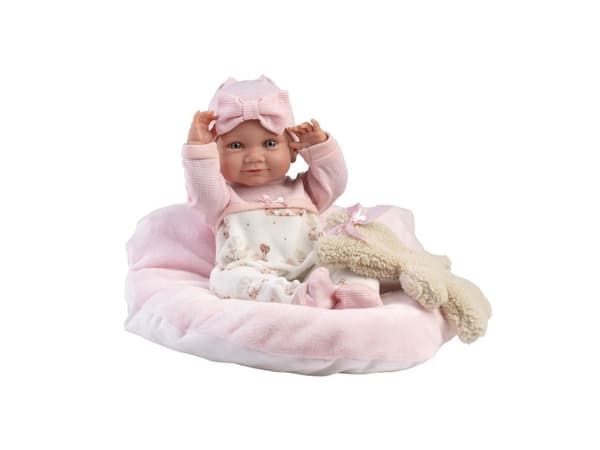 Llorens 73808 Vinyl baby doll 40 cm Nica with pink pillow and cuddly toy