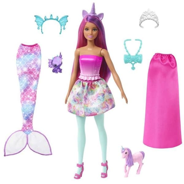 Barbie Set Docka Det Var En Gång Förvandlingsbar Till Sjöjungfru Eller Kunglig, Baby Drak Och Enhörning, Från 3 År, HLC28
