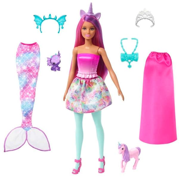 Barbie Set Docka Det Var En Gång Förvandlingsbar Till Sjöjungfru Eller Kunglig, Baby Drak Och Enhörning, Från 3 År, HLC28