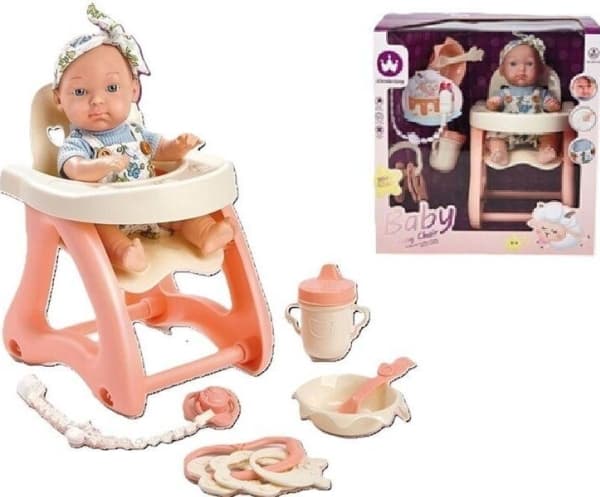 Babydukke med stol 22cm