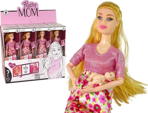 LeanToys Gravid babydocka Rosa klänning Blommor