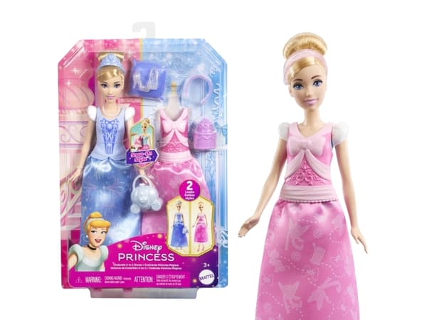Disney Princess 2-in-1 tarinat Tuhkimo muotinukke, jossa on 2 klipsautettavaa yläosaa, 2 hametta ja 9 asustetta