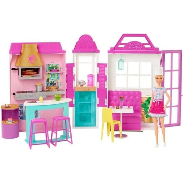 Barbie - Barbie-restaurangset med 1 docka, mer än 30 tillbehör, 6 lekytor - Tillbehör till skyltdocka - Från 3 år