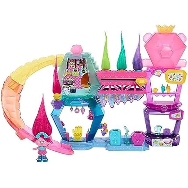 Mattel Trolls 3, Mount Rageous lekset med drottningvallmofigur, 2 våningar, över 25 tillbehör, avtagbar rutschkana, 4 hårstrån,
