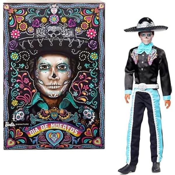 Barbie Día de Muertos 2024 samlarobjekt Ken Signature Doll i svart kostym med himmelsblå accenter, hatt och bälte, HRM73