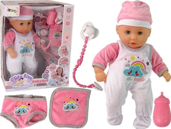 LeanToys Baby Doll Sound tutteli Bib vaaleanpunainen valkoinen pilvi pyjama
