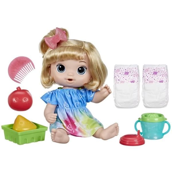 Baby Alive, set med docka Fruktiga drycker, äpple, leksak citruspress, dricker och kissar i blöjan, från 3 år, blont hår