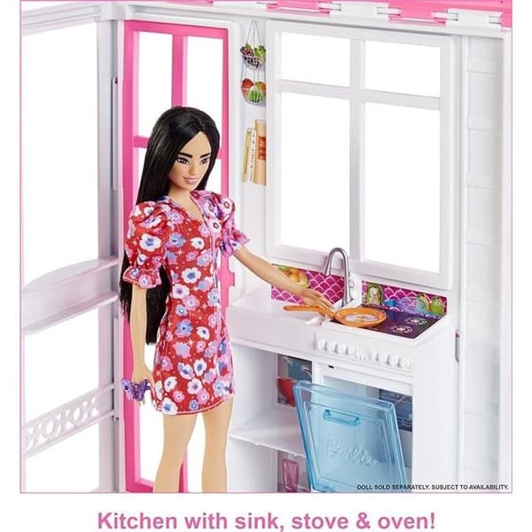 Barbie möblerat dockskåpsset, 360 grader, 2 nivåer och 4 lekytor, valp och tillbehör ingår, åldrarna 3 till 7, HCD47