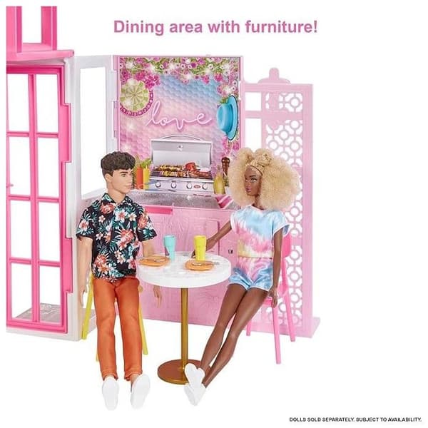 Barbie möblerat dockskåpsset, 360 grader, 2 nivåer och 4 lekytor, valp och tillbehör ingår, åldrarna 3 till 7, HCD47