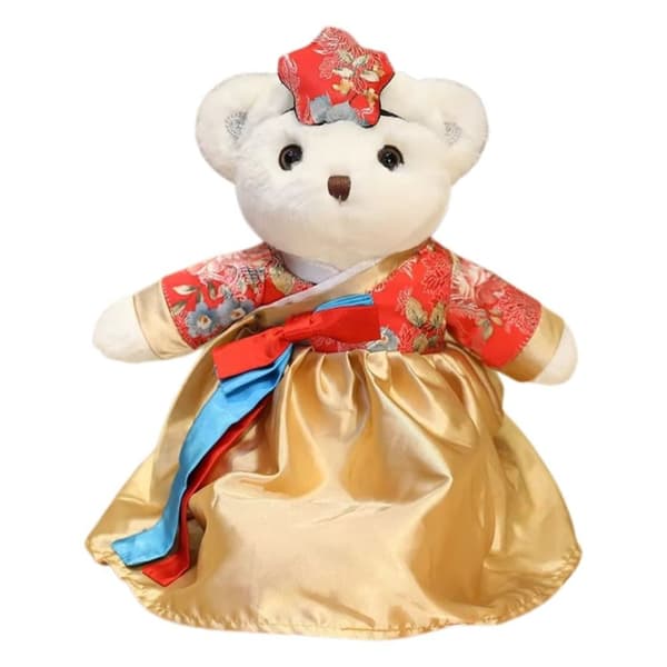 Sødt Hanbok-Princess Bjørn Plys Bløs - Rød Guld Kjole 45 cm
