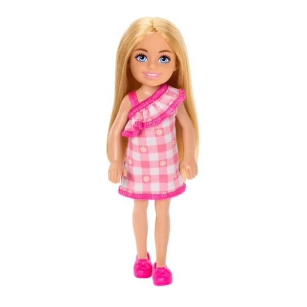 Barbie Chelsea Doll, lille dukke - ternet kjole med blondt hår og blå øjne (HXM95)
