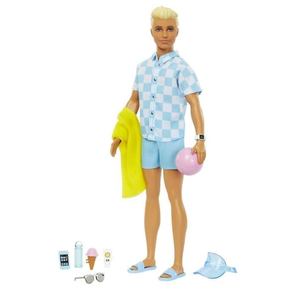 Barbie®-Ken® Stranddocka blond i badshorts och strandaccessoarer HPL74