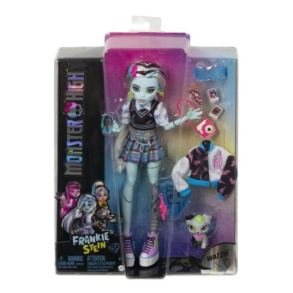 Monster High-Frankie Stein-docka med djur, svart och blått hår HHK53
