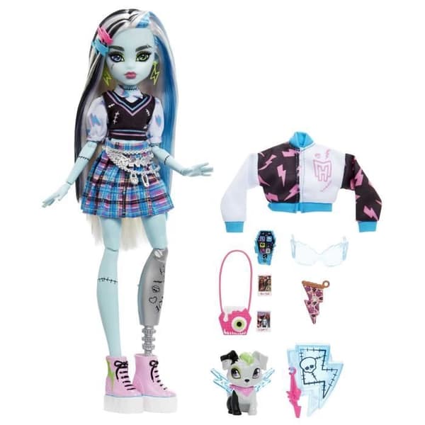 Monster High-Frankie Stein-docka med djur, svart och blått hår HHK53