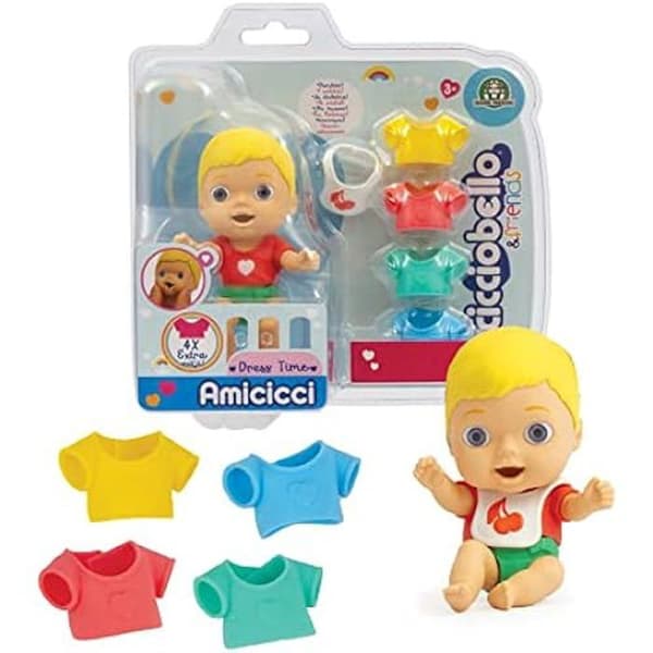 Cicciobello Amicicci Dress Time, med 4 färgglada kläder och haklapp, för flickor från 3 år, flerfärgad, CC016000; Giochi