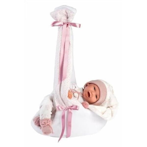 Llorens Baby Doll med blå ögon och mjuk kropp i rosa klädsel med spetsad hatt, napp, nappklämma