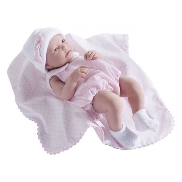 La Newborn Vinyldocka med rosa outfit och filt - riktig tjej