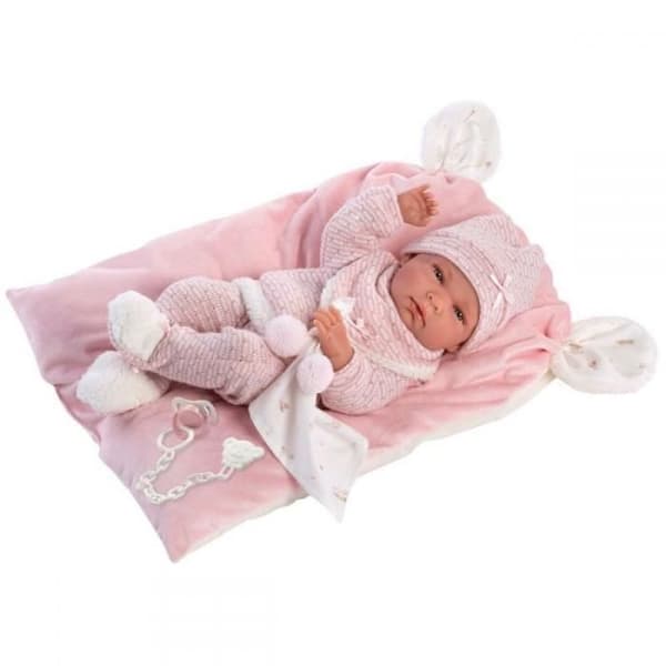 Llorens Nica docka med blå ögon och vinylkropp, babydocka med rosa outfit, filt