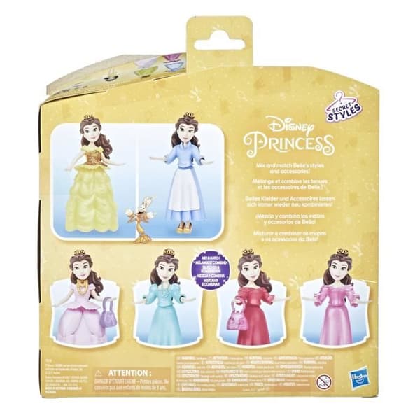 DISNEYPRINSESSOR - Hemliga stilar - Mini Belle och hennes kläder - Docklåda med 6 kläder - leksak för barn - från 4 år