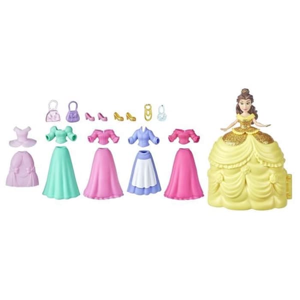 DISNEYPRINSESSOR - Hemliga stilar - Mini Belle och hennes kläder - Docklåda med 6 kläder - leksak för barn - från 4 år