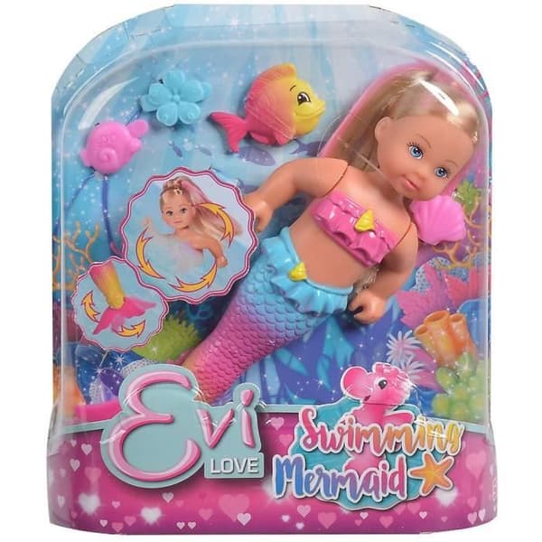 Evi LOVE sjöjungfrudocka - Simba Toys - 105733318 - Simma med en fisk - Färgglatt hår - 12 cm
