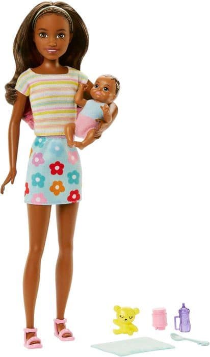 Barbie Skipper Babysitter Brown Dock Set, med babyfigur och 5 tillbehör