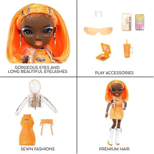 Rainbow High S23 Modedocka - 27 cm Michelle St Charles-docka (neonorange) - 1 outfit, 1 par skor och accessoarer