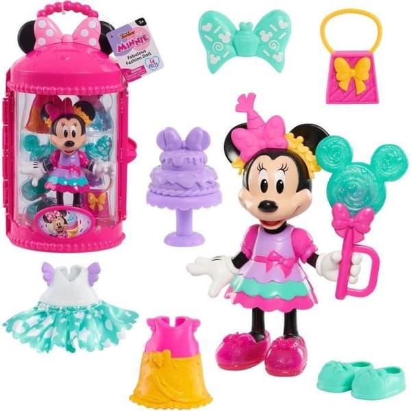 Docklåda - DISNEY MINNIE MOUSE - 15 cm Sweet Party ledad figur - Med kläder och accessoarer