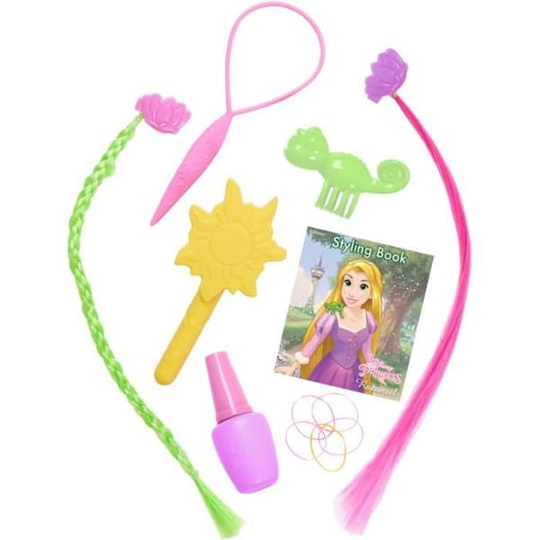 Stylinghoved - DISNEY - Rapunzel Deluxe - 12 tilbehør - Flaske med kunstig neglelak - Frisørguide