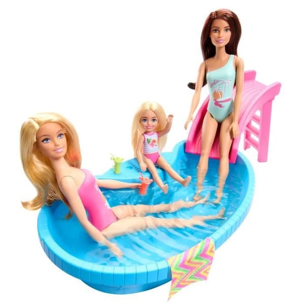 Barbie - Docka och tillbehör - Blond docklåda med pool