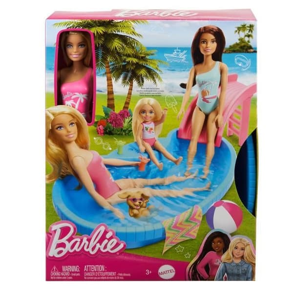 Barbie - Docka och tillbehör - Blond docklåda med pool