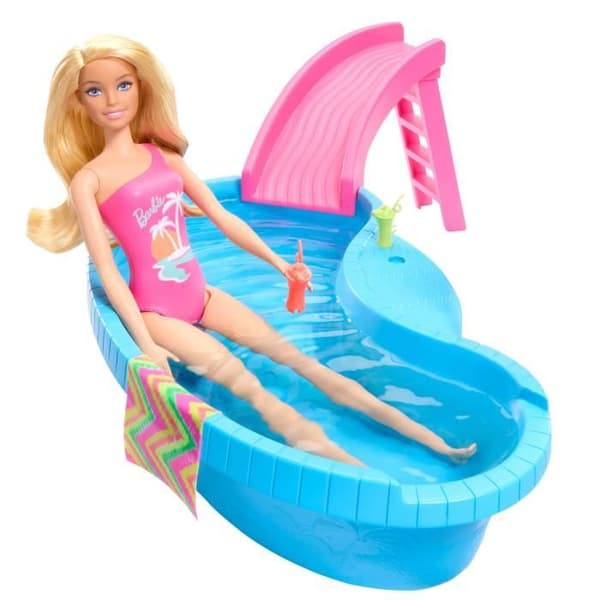 Barbie - Docka och tillbehör - Blond docklåda med pool