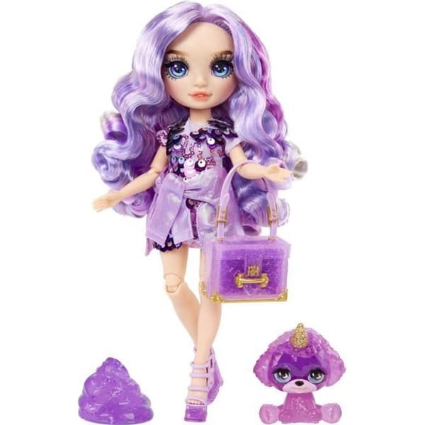Regnbågsfärgad High Fashion-docka med slime-set och husdjur - Lila (Lila) - 28 cm glitterdocka med slime-set
