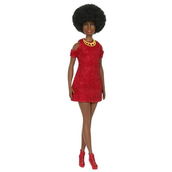 Barbie Fashionistas 221 docka med svart hår och röd klänning HRH18