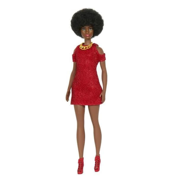 Barbie Fashionistas 221 docka med svart hår och röd klänning HRH18