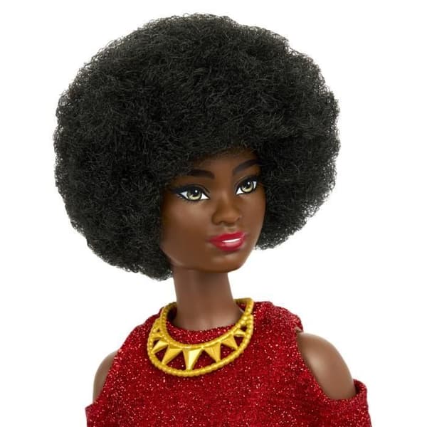 Barbie Fashionistas 221 docka med svart hår och röd klänning HRH18