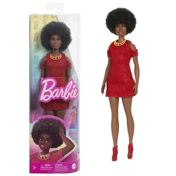 Barbie Fashionistas 221 docka med svart hår och röd klänning HRH18