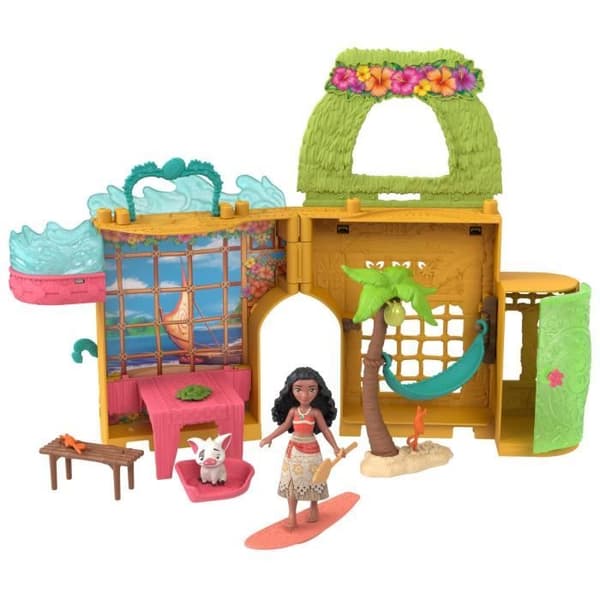 Disney Vaiana Staplingsberättelser Dockhusset med en liten Vaiana-docka, 1 djurvän och 9 tillbehör - MATTEL