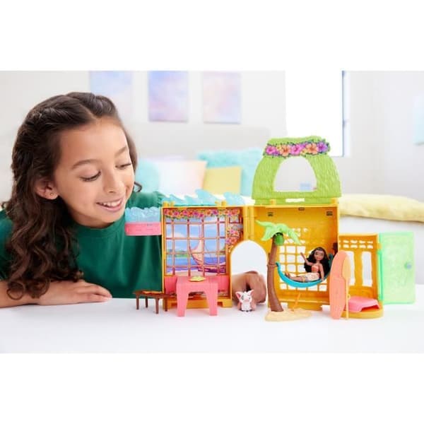 Disney Vaiana Staplingsberättelser Dockhusset med en liten Vaiana-docka, 1 djurvän och 9 tillbehör - MATTEL