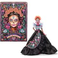 Miniatyrbild 1 av 2: Barbie Día de Muertos 2024 Collectible Barbie Signaturdocka i svart klänning med rufsig blå topp, broderat tryck och