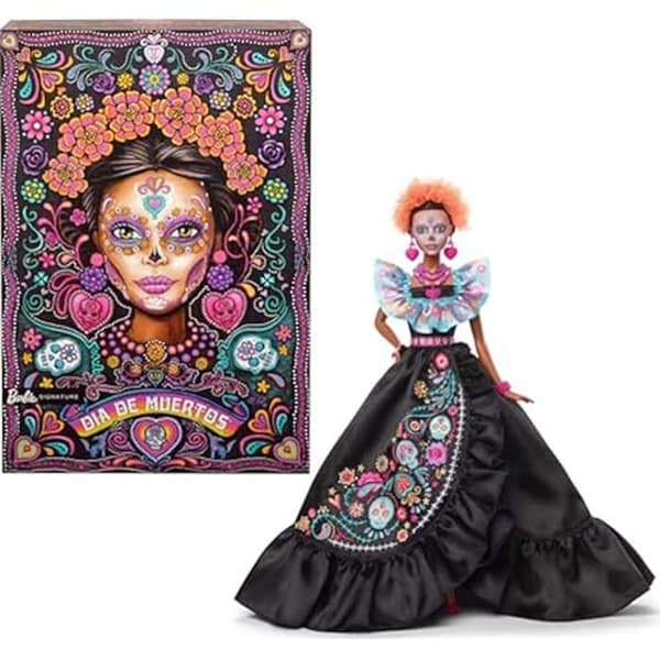 Barbie Día de Muertos 2024 Collectible Barbie Signaturdocka i svart klänning med rufsig blå topp, broderat tryck och