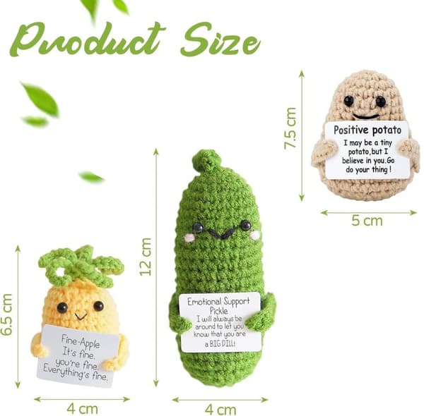 OBOSOE Positiv Potatis Tykla Doll,Emotionellt Stöd Tykla Gåva,3PCS Stöd Grönsaker och frukt Stickade dockor med positivt kort