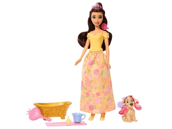 Mattel Disney Princess Bathing and Brushing Belle Fashion Doll with Color-Change Puppy and Accessories