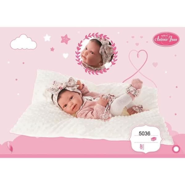 Pipa Newborn Doll - Vinyl - Svart hår och bruna ögon - Rosa - 42 cm