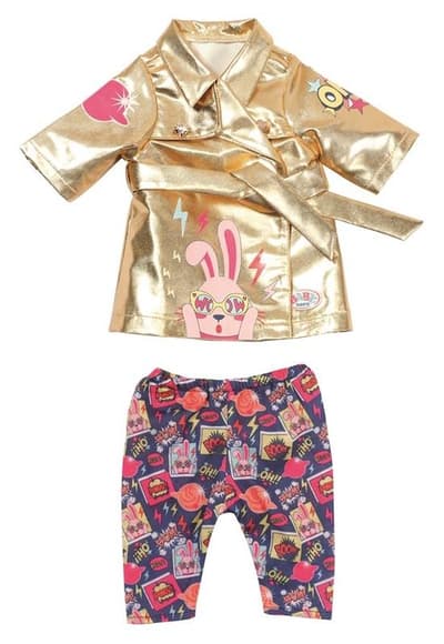 BABY born - Gyllene trenchcoat, rymd leggings på klädhängare.