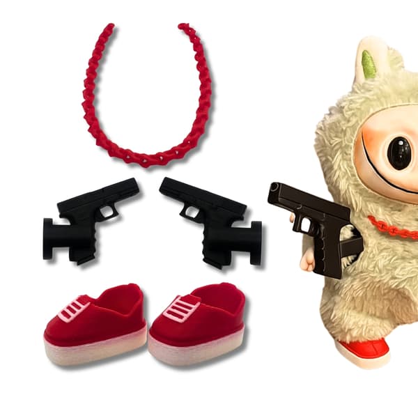 Labubu gatutillbehörsset – Mini glock-pistoler, kedja och sneakers