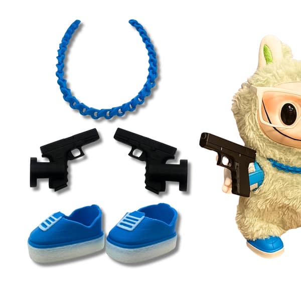Labubu gatutillbehörsset – Mini glock-pistoler, kedja och sneakers